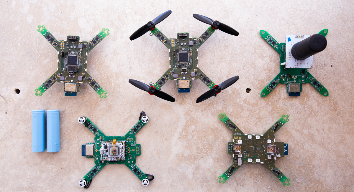 Top-down view of six different drone PCB models showing the evolution and range